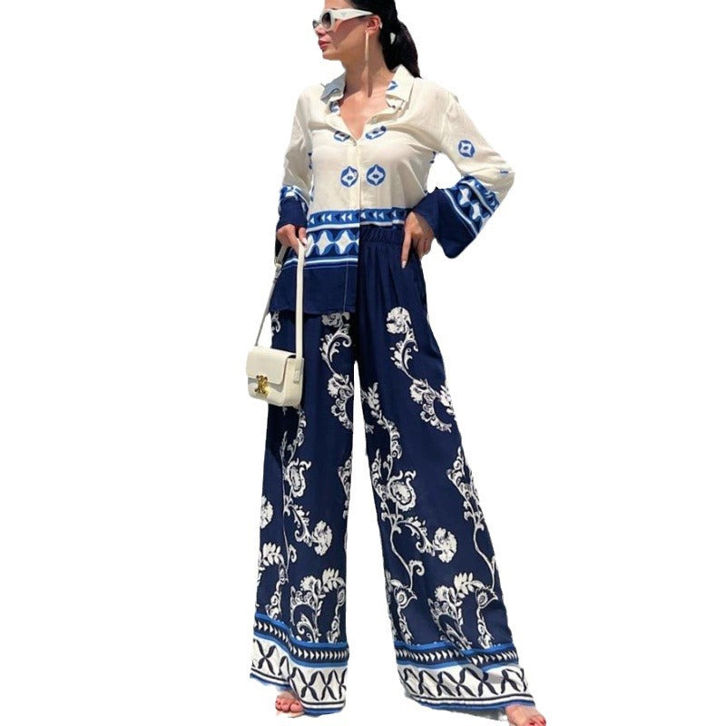 Women's Fashion Printed Loose Long Sleeves Top Wide Leg Pants Two-piece Set