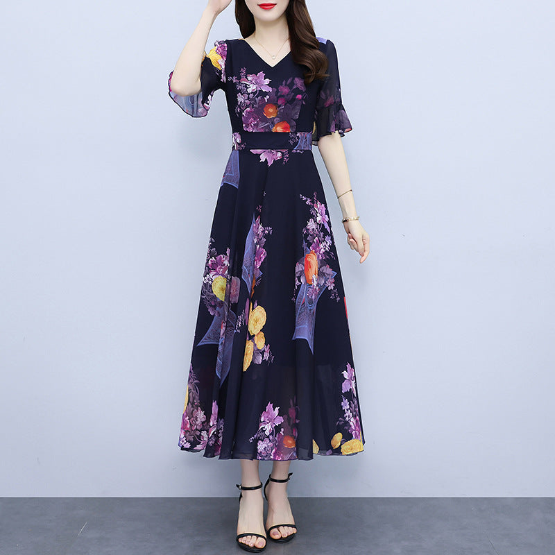 Fashion High Waist Short Sleeve Temperament Slimming Youthful-looking Waist-tight Fairlady Dress