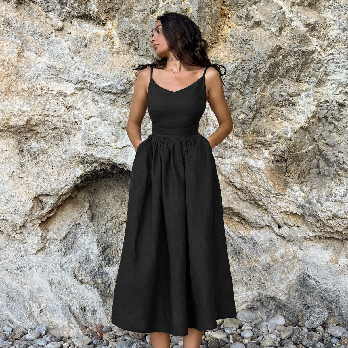 Französisches Baumwoll- und Leinen-Atmungsaktives Trägerkleid mit hoher Taille, langer Rock im Urlaubsstil für Frauen