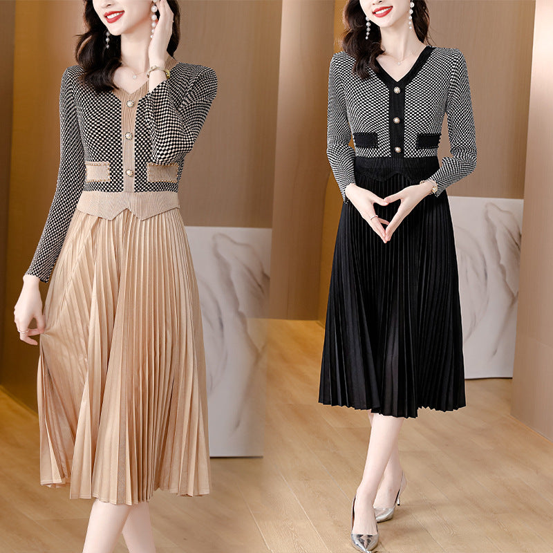 Fold Elegance Retro Color Contrast Patchwork Dress