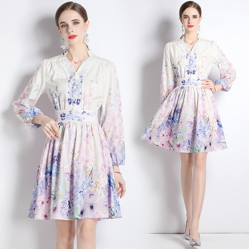 Vestido de manga larga con estampado floral vintage elegante con cuello en V Primavera