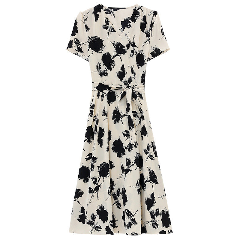 Summer Retro Temperament Mid-length Cinched Slimming Short Sleeves Printed, Female Dress