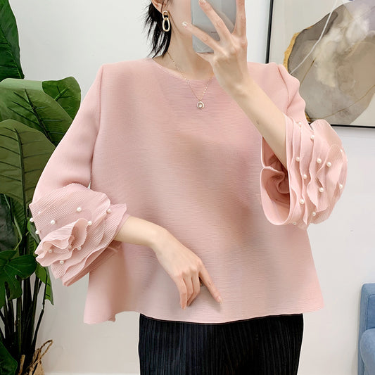 Women's Pleated Bell Sleeve Top Beaded Round Neck