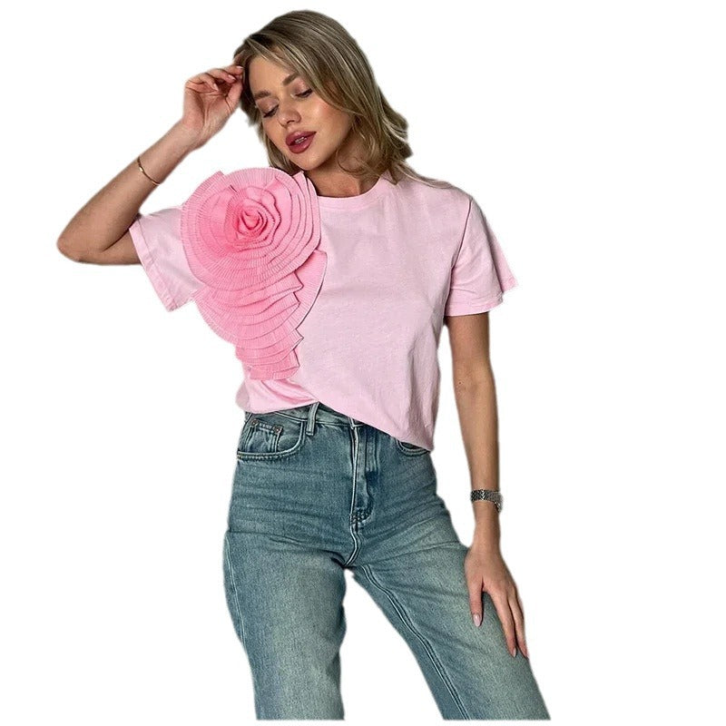 Women's T-shirt Elegant Round Neck 3D Flower
