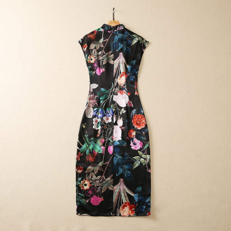 Split Vintage Buckle Piping Floral Print Acetate Dress