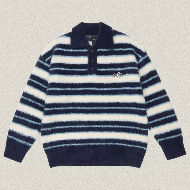 Soft Glutinous Polo Collar Stripes Sweater