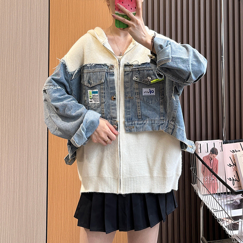 Denim Stitching Sweater Coat Women's Design Sense