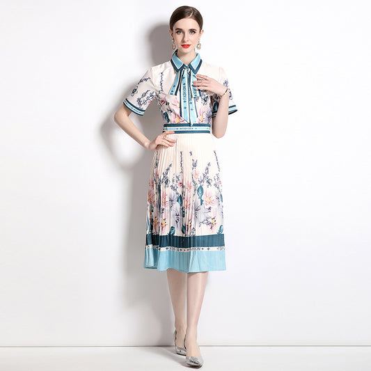 Fashion Elegant Short Sleeve Waist Pleated Printing Dress With Belt