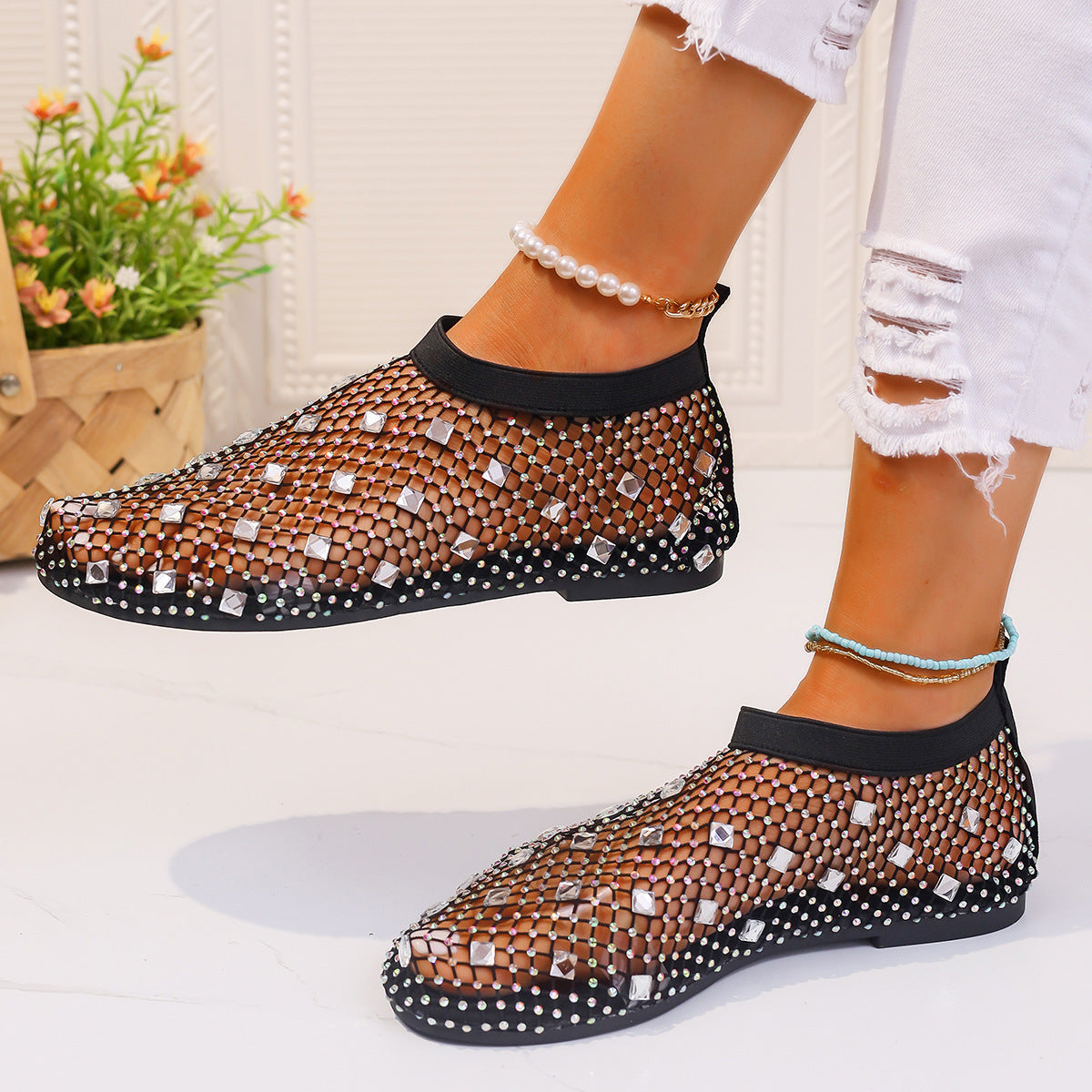 Sandalias planas de malla de moda con diseño de diamantes de imitación coloridos, nuevos zapatos de playa de punta redonda de verano para mujer