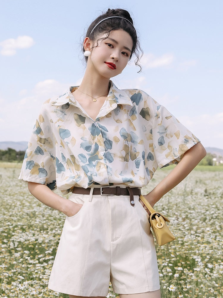 Hong Kong Style Chiffon Short Sleeve Floral Shirt Thin