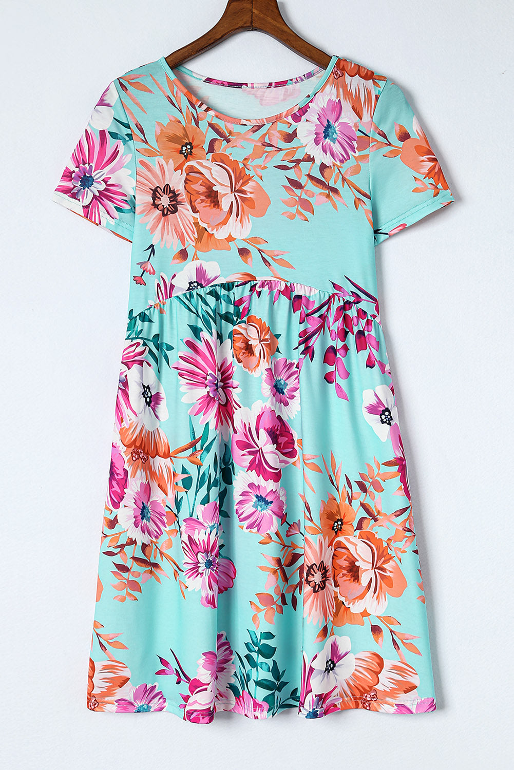 Vestido estilo camiseta floral de cintura alta y manga corta azul cielo