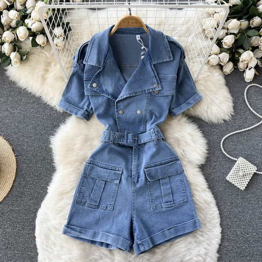 Suit Collar Short Sleeve Casual Wide Leg Cargo Shorts Jumpsuit