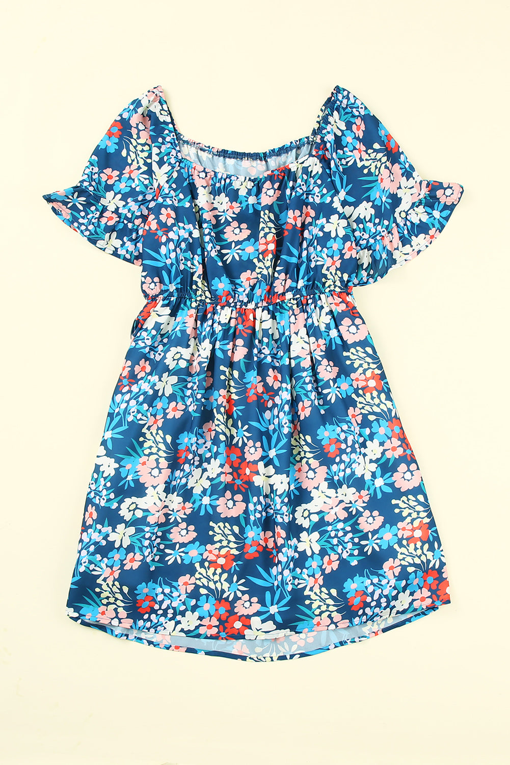 Blue Square Neck Ruffle Floral Dress