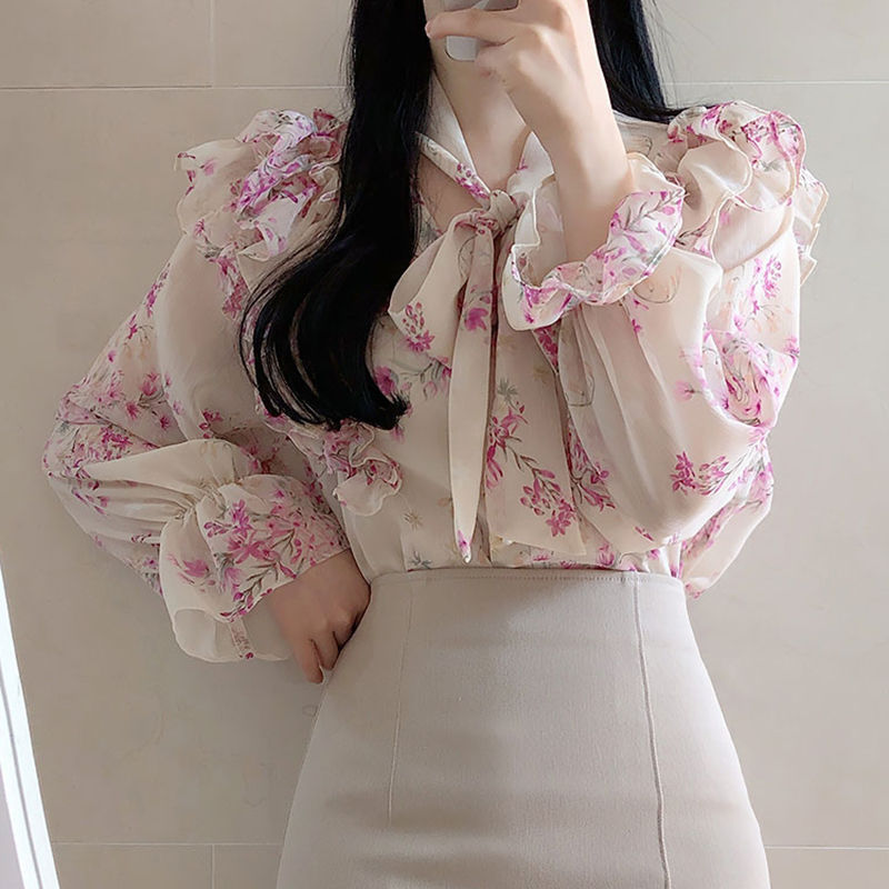 Floral Chiffon Shirt New Flare Sleeve Ruffle Top Women