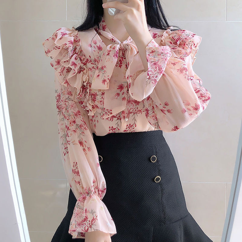 Blumen-Chiffon-Hemd, neues Flare-Ärmel-Rüschen-Top für Damen