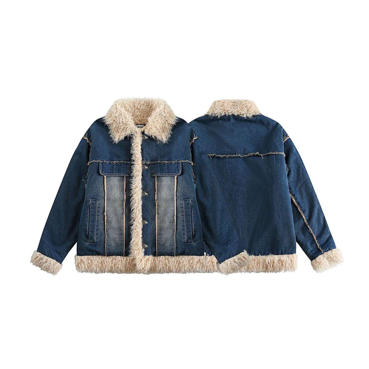 Blauer Denim Pelzkragen Mantel Damen Retro Baumwolle