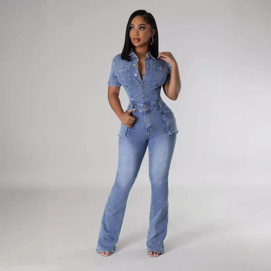 Denim-Overall für Damen mit verwaschenem Kurzarm