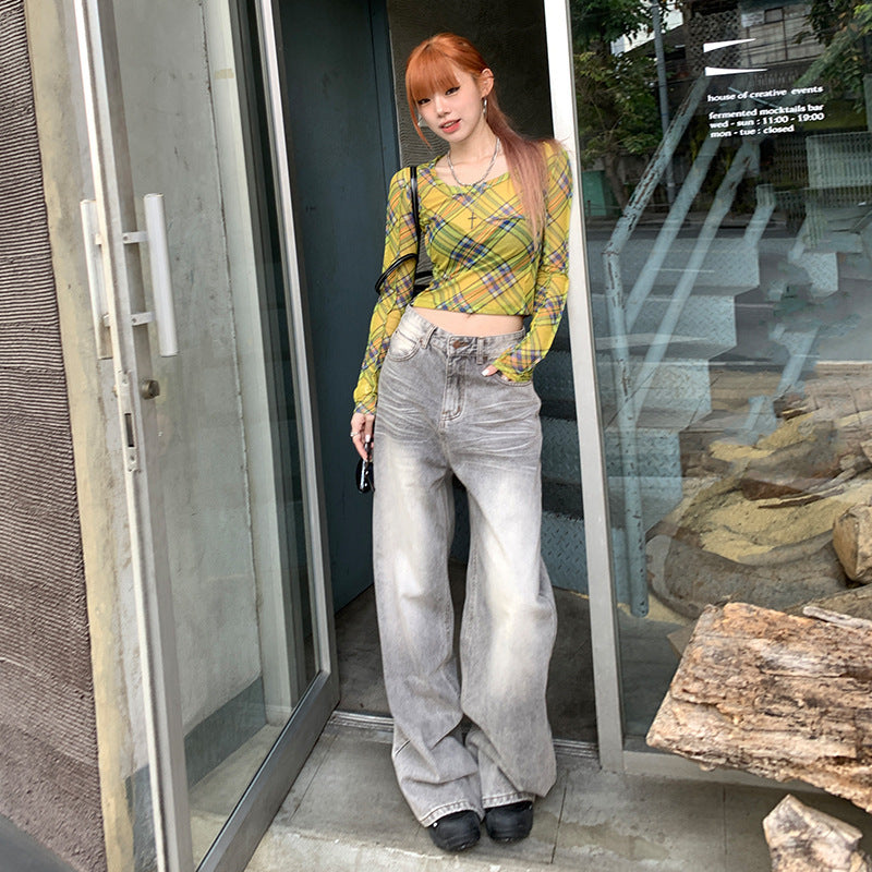 Lockere Jeanshose mit weitem Bein im Retro-Nostalgie-Stil für Damen