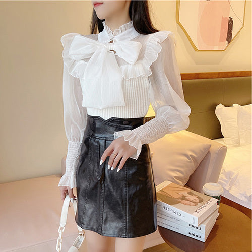 Women's Solid Color Sweet Lace Bow Shirt