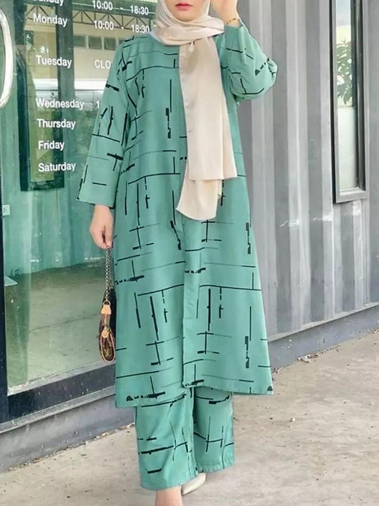 Damen Muslim Print Täglichen Anzug Armee Grün Mode Casual Set