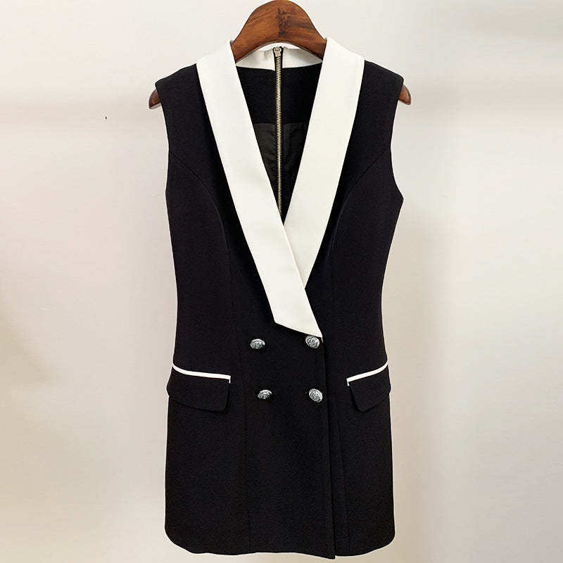 Trendy Business Wear Double-breasted Contrasting Color Suit Collar Sleeveless Vest Dress