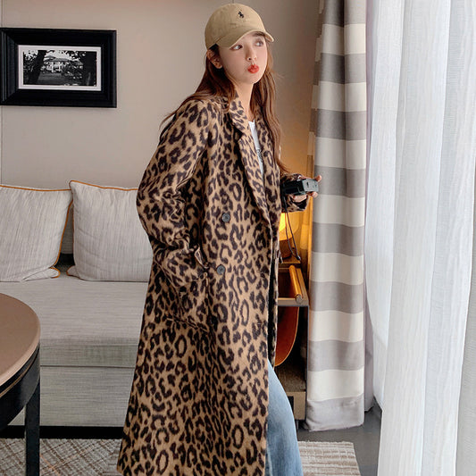 Women's Long Winter Leopard Print Woolen Coat