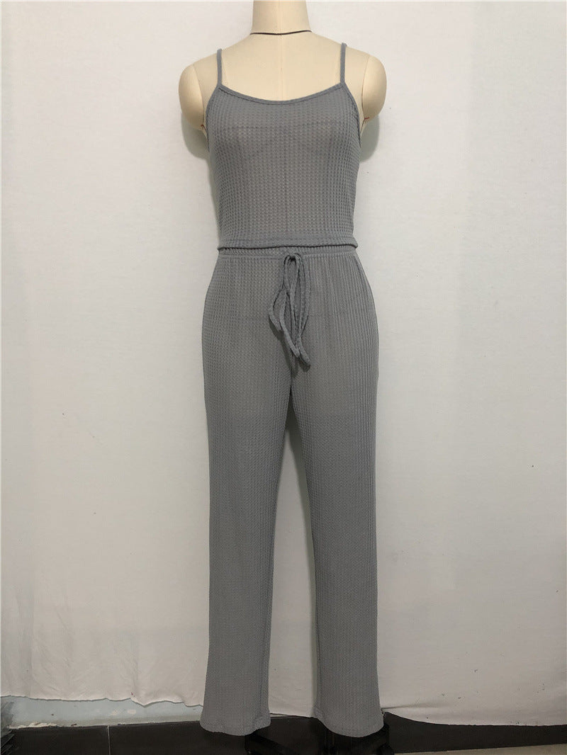 Home Wear Waffle Knitted Suspenders Top And Trousers Robe Pajamas Three-piece Suit