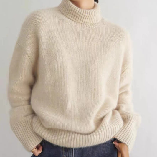 Suéter minimalista de lana con cuello alto para mujer, grueso, suelto, estilo inactivo, parte inferior de punto