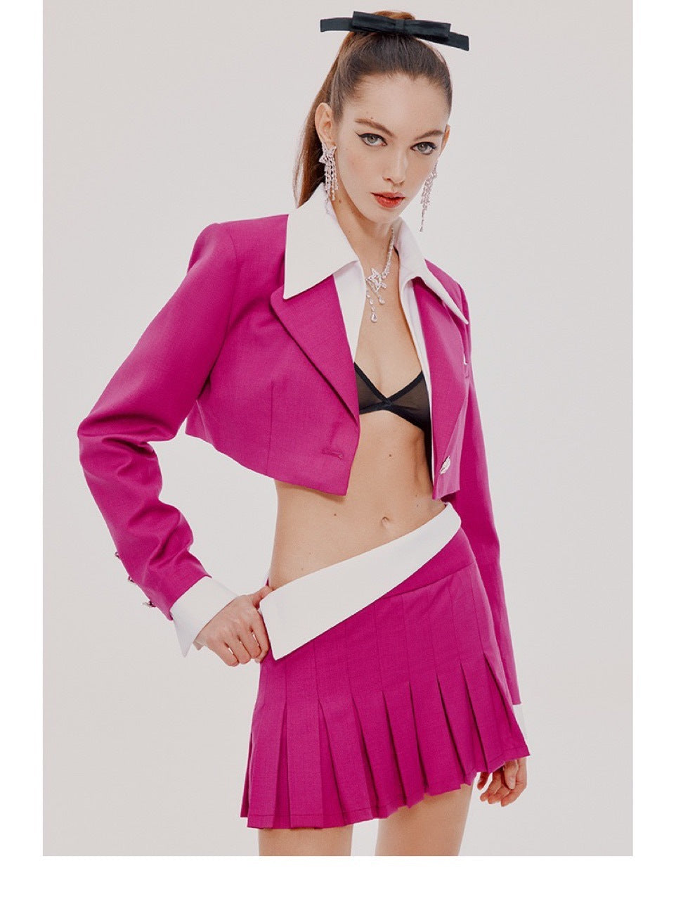 Cropped Fake Long-sleeved Top Color Matching Short Skirt Suit Two-piece Suit