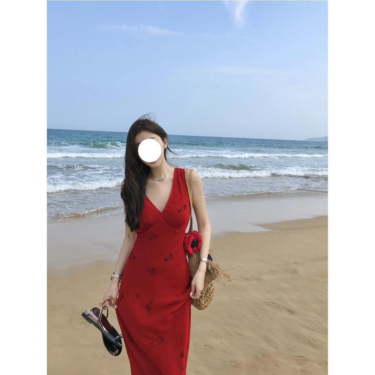 Vestido rojo con escote en V y cintura de verano para mujer