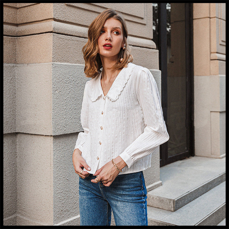 Camisa pequeña que combina con todo, cuello de muñeca blanco femenino