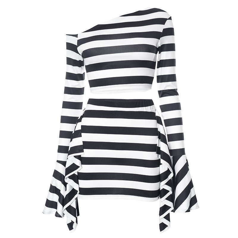 Casual Zebra Prints Cropped Horn Long Sleeve Top Skirt Suit