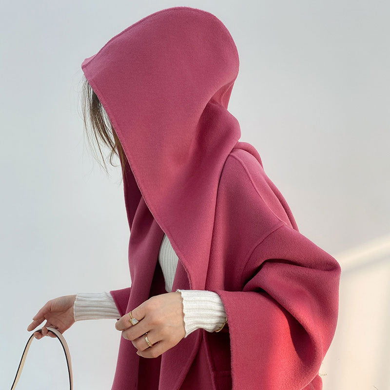 Abrigo de cachemir con capucha reversible rojo rosa para mujer de longitud media