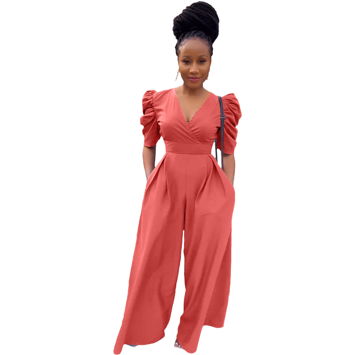 Damenbekleidung Frühling/Sommer Plissee V-Ausschnitt Gewebter Loose Wide-Leg Jumpsuit Reißverschluss auf der Rückseite