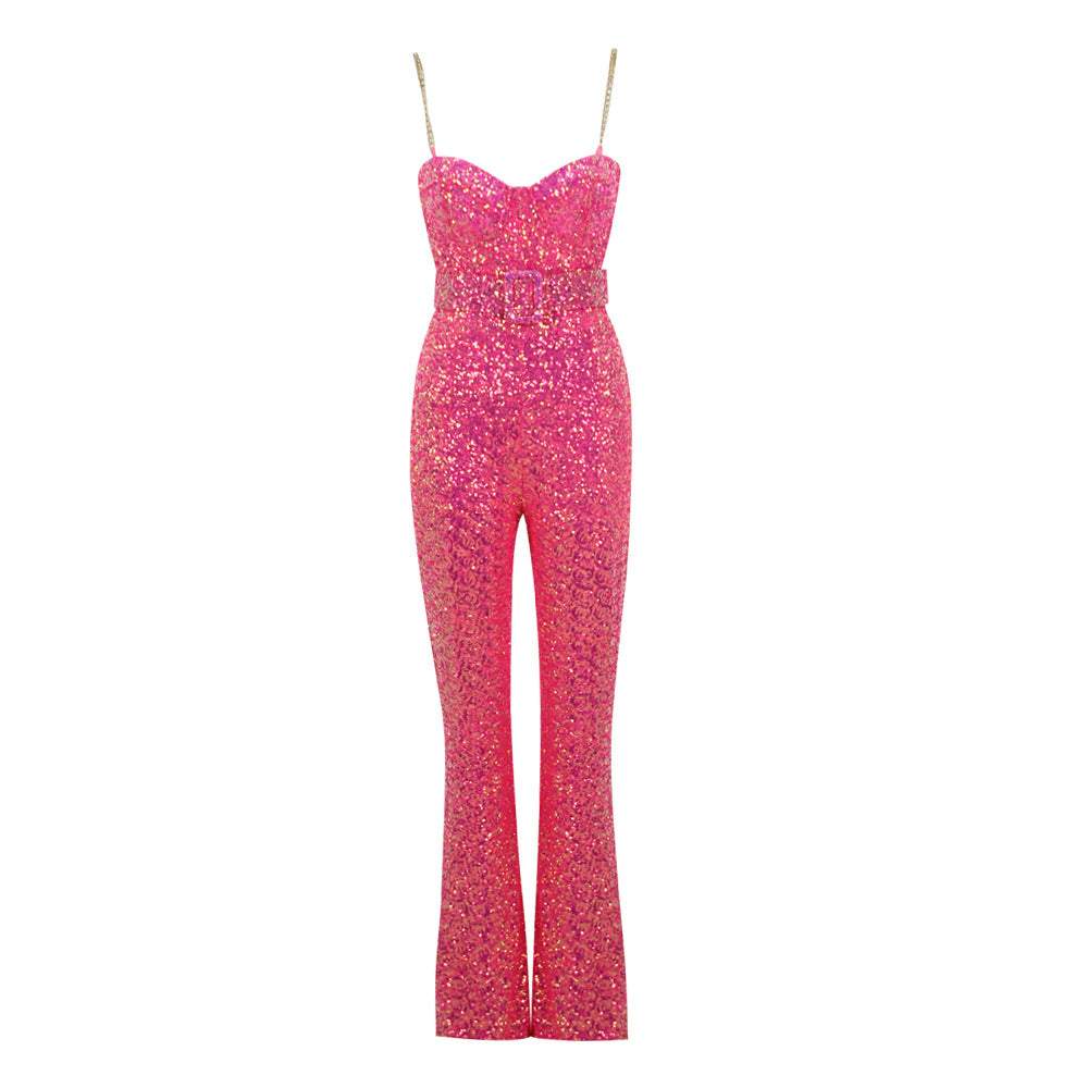 Modischer Damen-Jumpsuit mit Pailletten und Sling-Röhrenoberteil