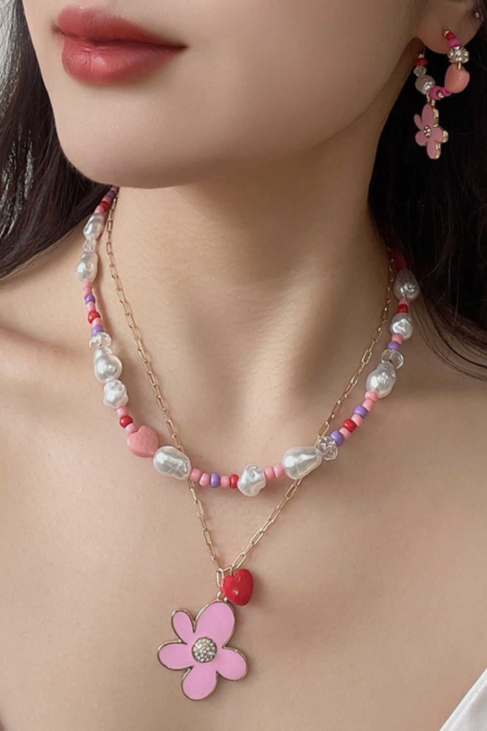 Flower and Heart Pendant Layered Necklace