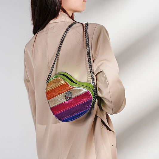 Bolso bandolera con cadena y costuras de arcoíris para mujer con diseño de cabeza de águila