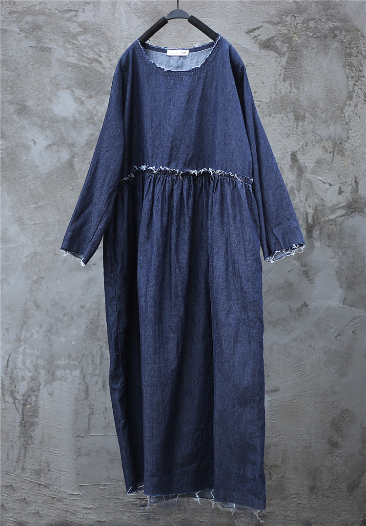 Spring Denim Blue High Waist Pleated Loose Burrs Dress