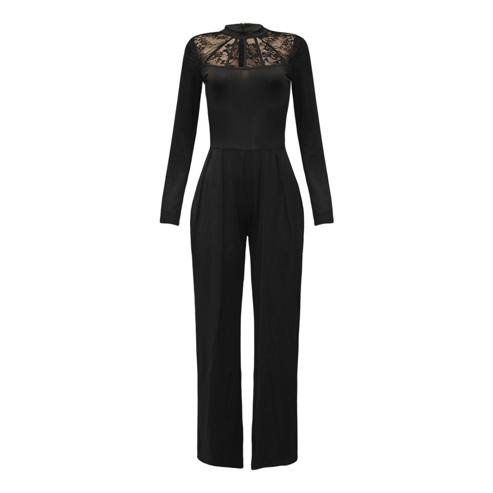 Moderner Jumpsuit mit weitem Bein und langen Ärmeln in Volltonfarbe für Damen