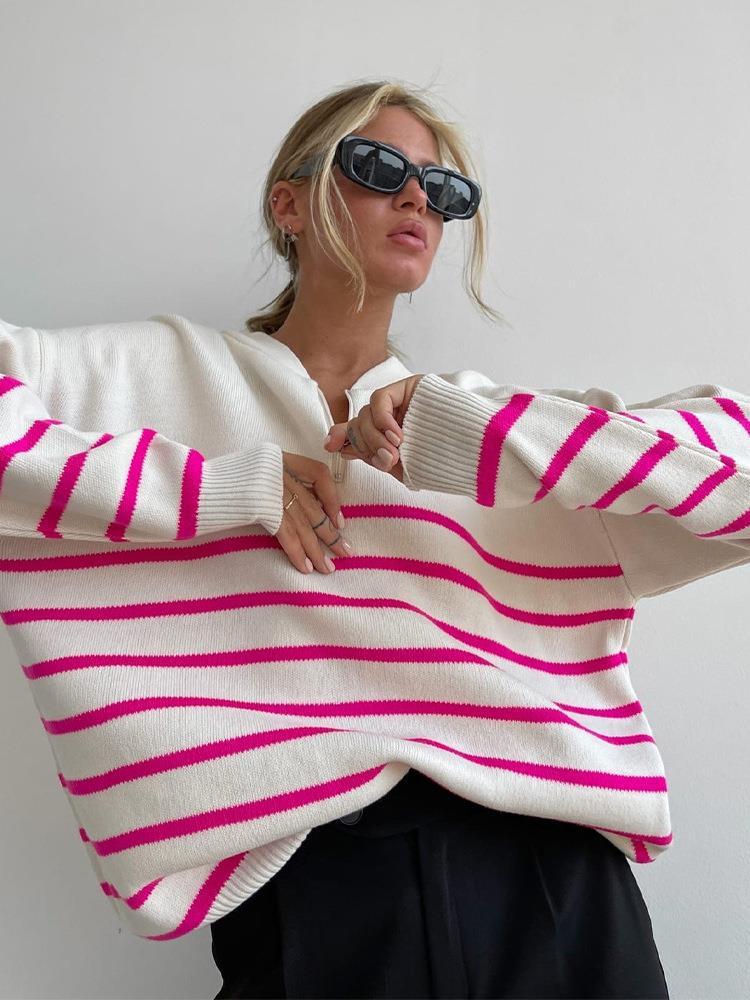 Zipped Round Neck Striped Sweater Women Loose Plus Size Knitwear