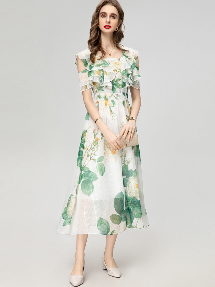 Square Collar Off-the-shoulder Beautiful Printed Fashionable Chiffon Long Dress