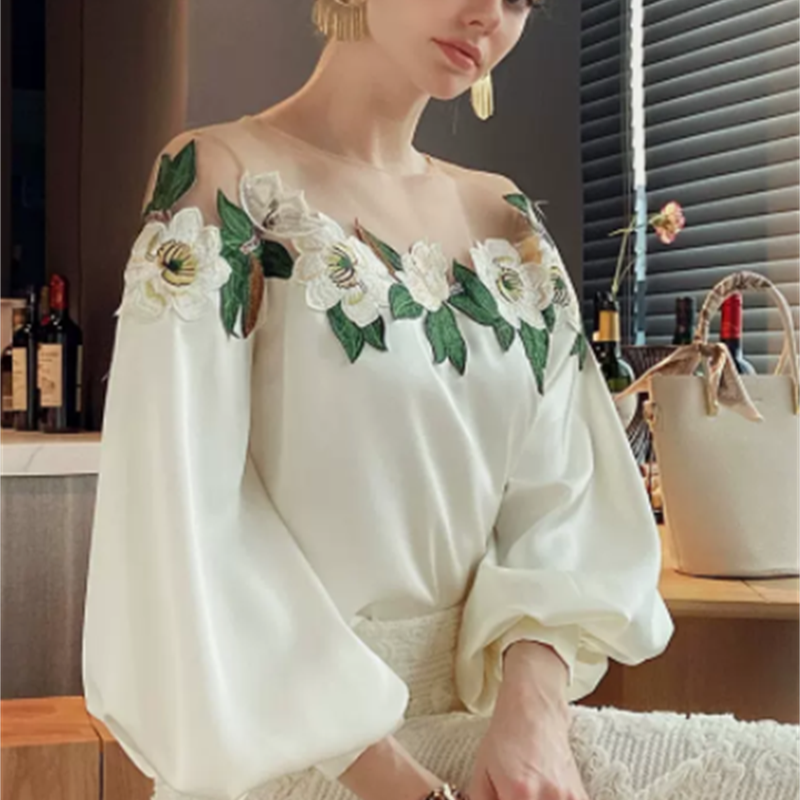 Celebrity Style Heavy Industry Mesh Stitching Satin Embroidered Women's Shirt