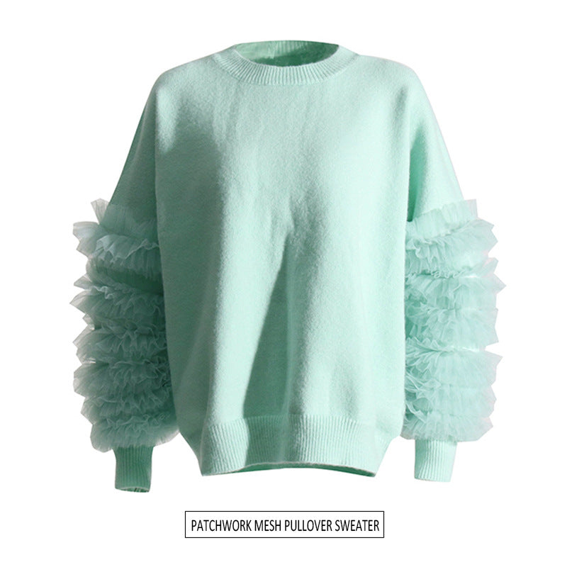 Fashion Stitching Mesh Cuff Crew Neck Casual Style Loose Sweater