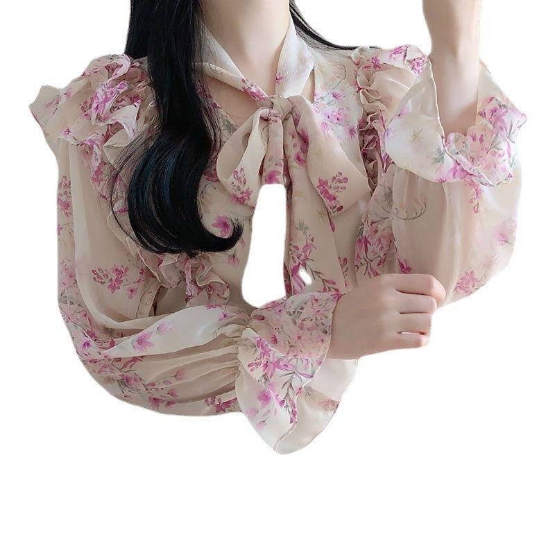 Floral Chiffon Shirt New Flare Sleeve Ruffle Top Women