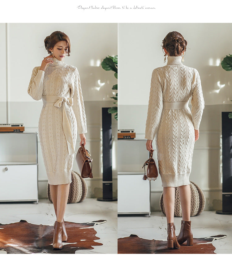 High Collar Twist Lace-up Waist Mid-length Sweater Dress