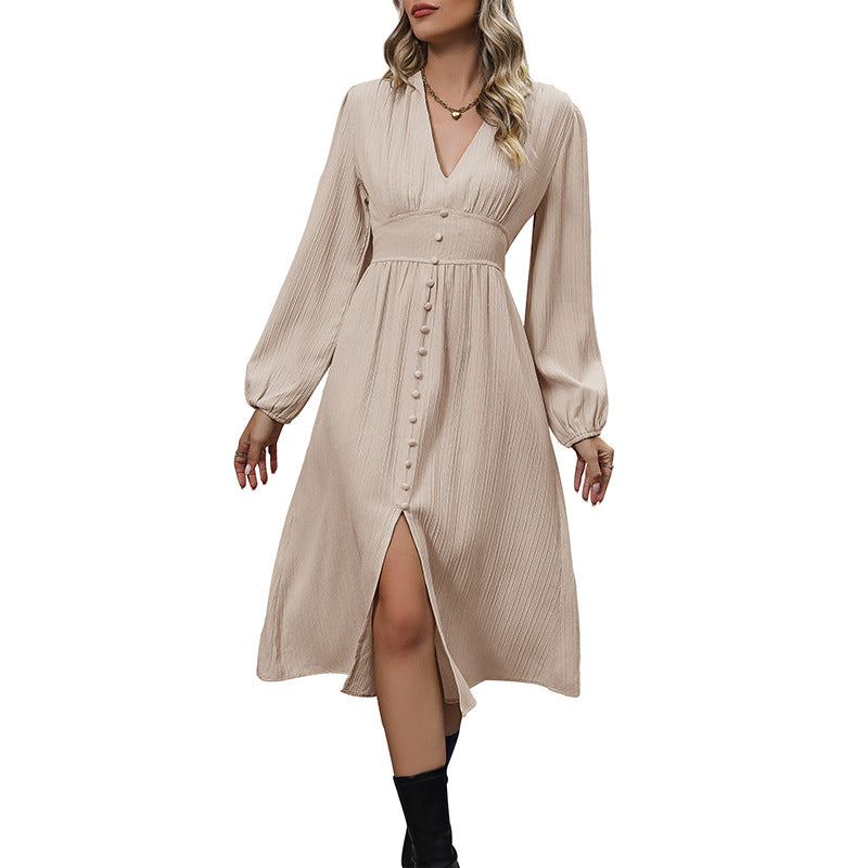 Solid Color Long Sleeve Split Apricot Dress Spring