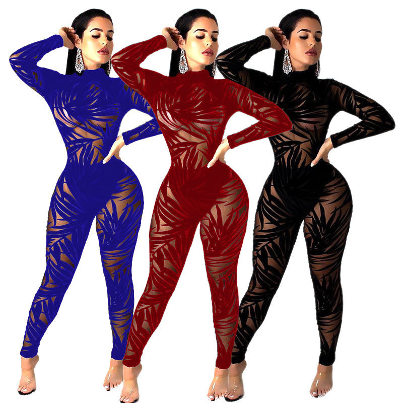 Women's Mesh Hollow Sheer Long Sleeve Tight Jumpsuit