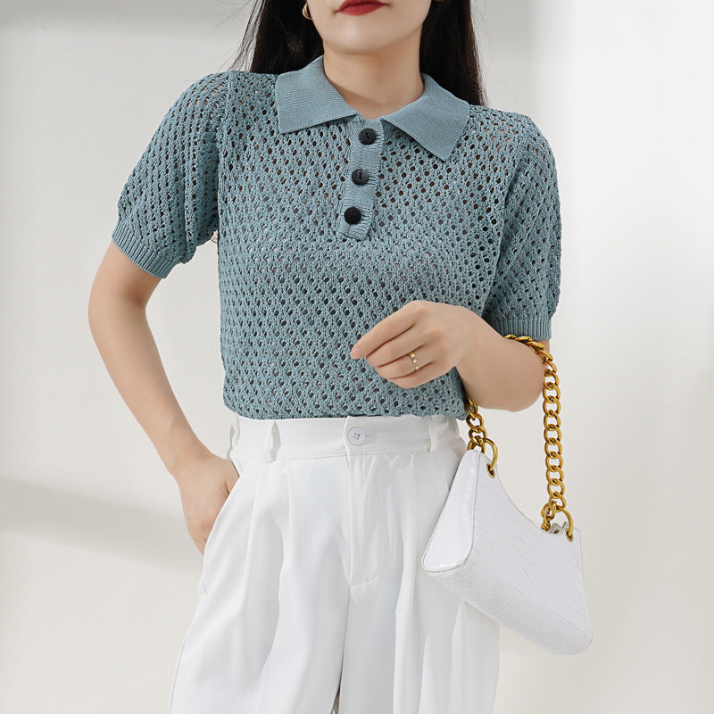 Women's POLO Collar Short Western Style Knitted Top