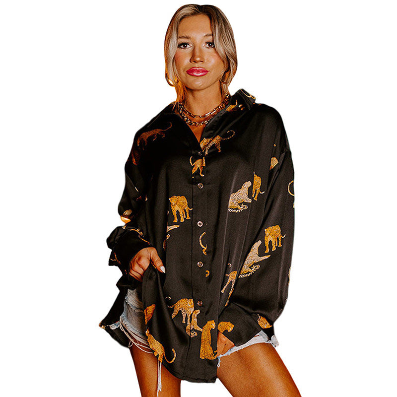 Herbst einfarbiger Satin-Langarm-Cardigan, dünnes, personalisiertes Animal-Print-Shirt für Frauen