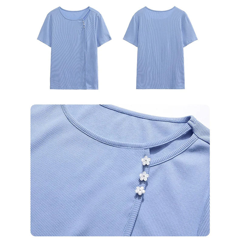 Women's Blue Knitted Short-sleeved T-shirt Slim Fit Slimming Top